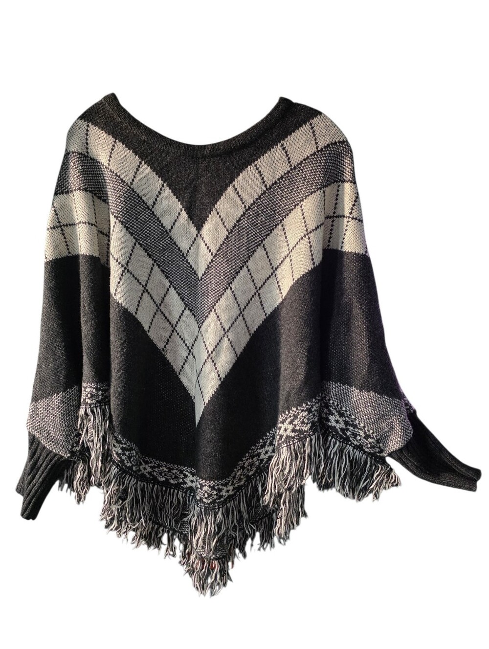 Mossimo Supply Co. Black & Gray Fringe Poncho Sweater Size Small/Medium